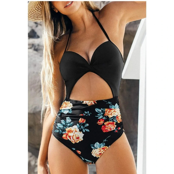 Cupshe Black Floral Print Halter One Piece Swimsuit size Small - Picture 1 of 7